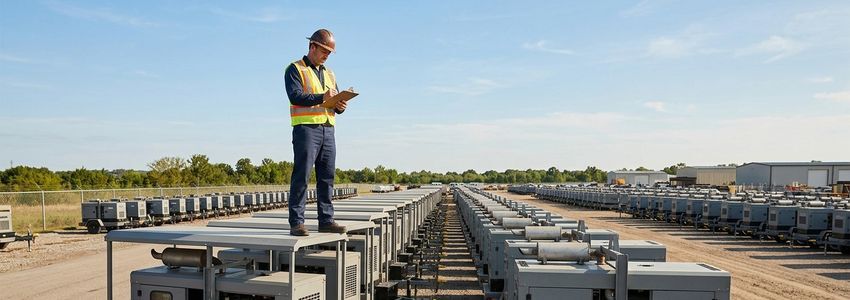 Generator rental fleet operator inspecting portable diesel generators on trailers in a commercial equipment yard