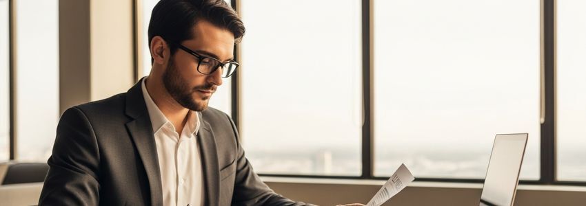 Portable restroom business owner reviewing financing options at a professional office desk