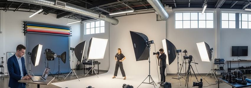 Professional portrait photography studio with cameras, softboxes, and lighting equipment
