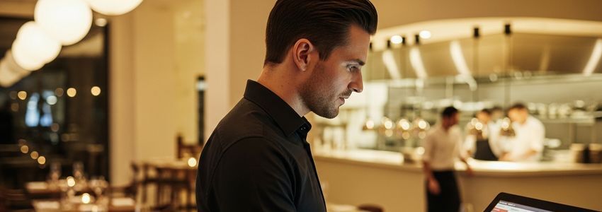 Restaurant employee using a modern POS system touchscreen terminal