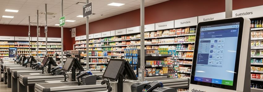 Retail store employee assisting customer at modern POS kiosk terminal