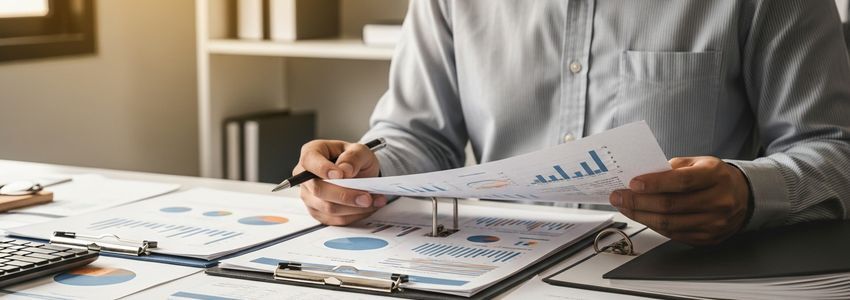 Business owner reviewing acquisition documents and financial reports in preparation for selling a business