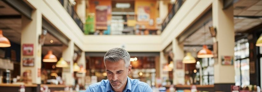 Franchise owner reviewing Potbelly Sandwich Shop financing documents at a restaurant