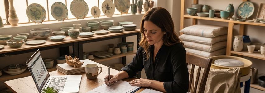 Pottery studio owner reviewing financing options for kiln and equipment upgrades