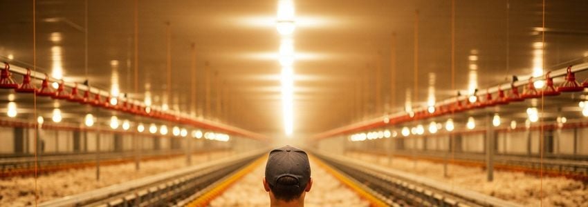 Poultry farmer reviewing equipment plans inside a modern broiler house