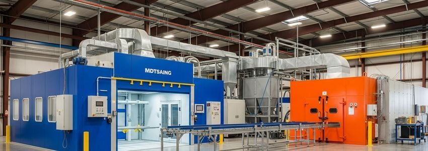 Powder coating shop owner reviewing business loan documents at a modern workspace