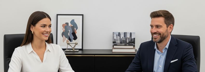 Business professional discussing loan pre-approval options with a Crestmont Capital specialist in a modern office setting