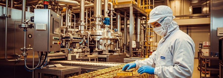 Precious metal refinery worker inspecting gold bars during processing