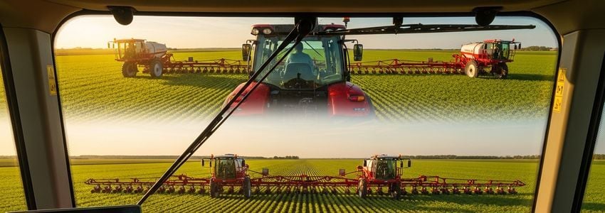 Precision agriculture GPS monitoring technology displayed in tractor cab with crop fields visible, supporting smart farming operations