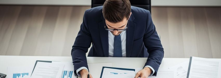 Business professional carefully reviewing loan documents and contracts to spot predatory lending terms