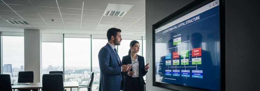 Business professionals reviewing preferred equity capital structure diagram in a modern corporate office
