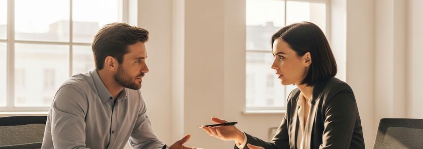 Two business professionals discussing loan terms and financing options at a modern office conference table