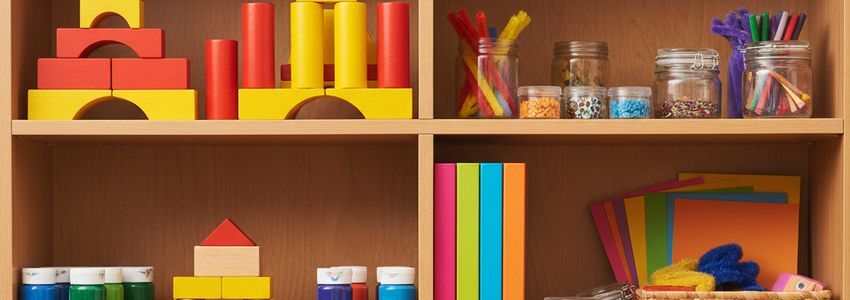 Preschool learning supplies and educational materials on colorful shelves