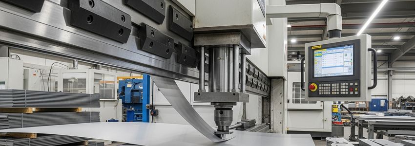 Metal fabrication business owner inspecting a CNC press brake machine in a manufacturing facility