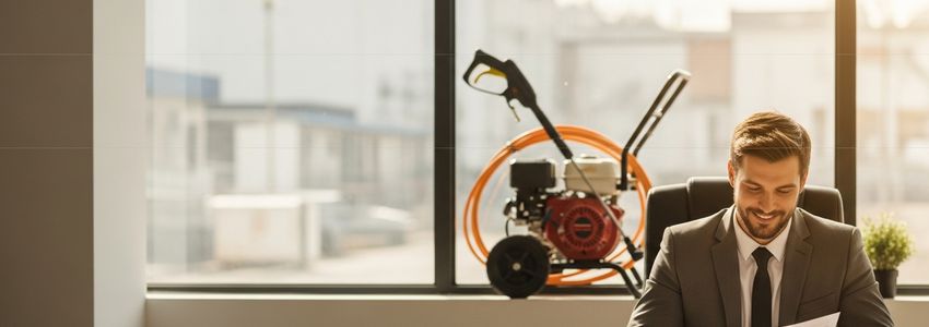 Business owner reviewing pressure washer equipment financing paperwork with commercial pressure washing equipment in background