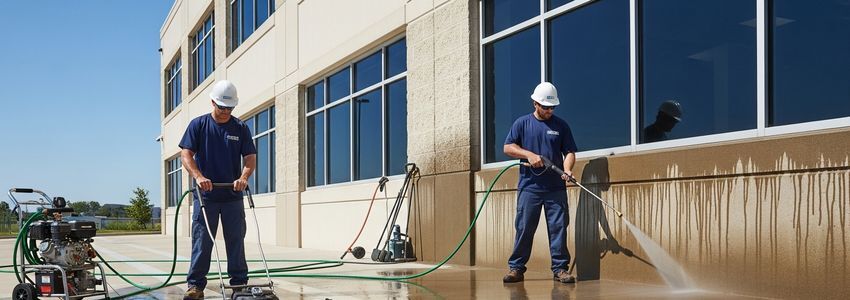 Professional pressure washing crew operating commercial pressure washing equipment on a commercial building