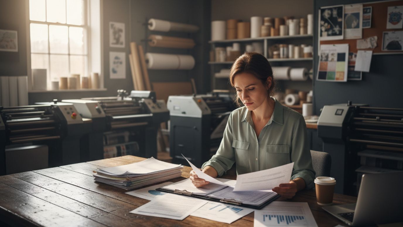 Print shop owner reviewing business loan documents and financial paperwork at an office desk