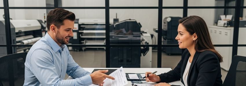 Business owner and advisor reviewing printing equipment financing options at an office meeting