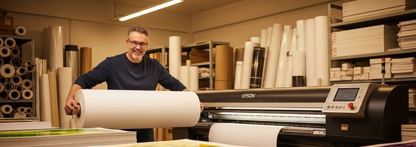 Print shop owner reviewing printing equipment financing options at a commercial large-format printer