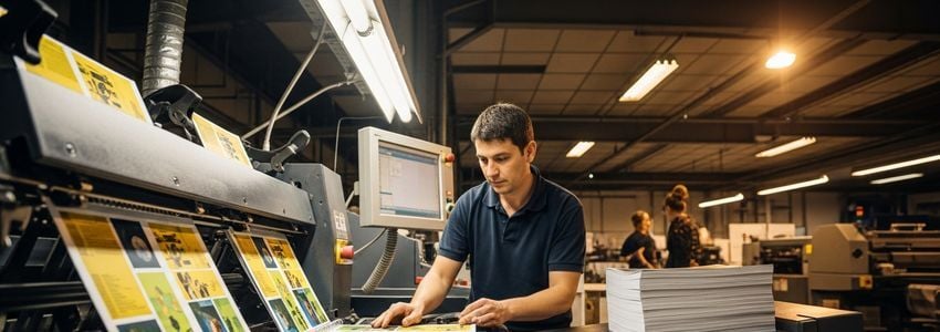 Print shop operator working at a commercial printing press with bindery equipment visible in the background