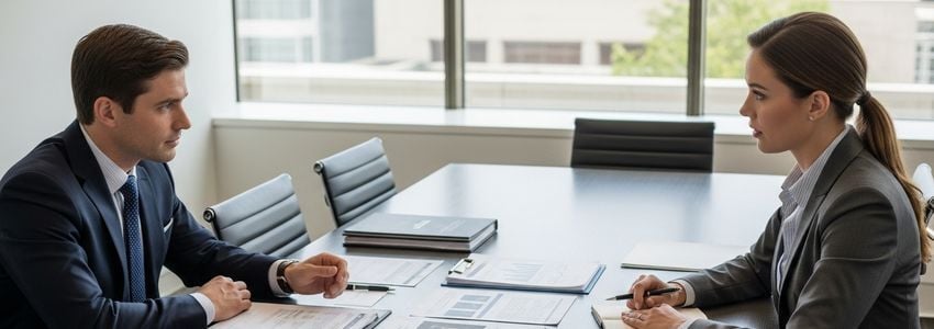 Professional private investigation business meeting with financial advisor reviewing loan documents in modern office