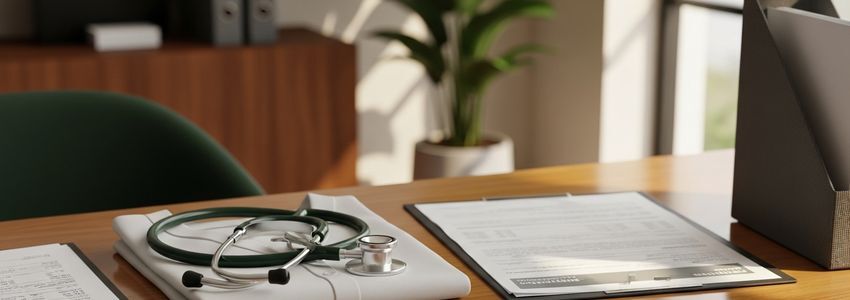 Medical practice physician reviewing financing options at a professional office desk