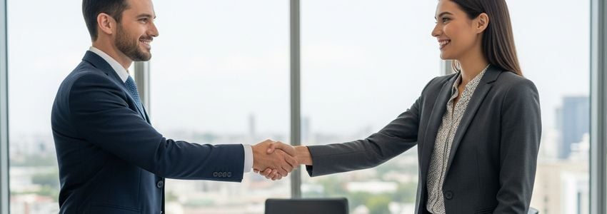 Two business professionals reviewing a private money lending agreement in a professional office setting