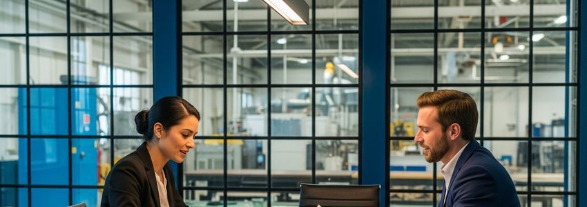 Business owner reviewing production cycle cash flow reports and financial documents at a manufacturing facility