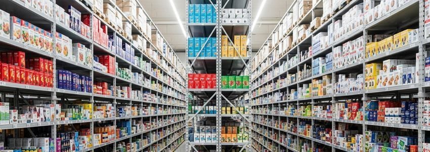 Small business product inventory and expansion - organized warehouse shelves with diverse product lines