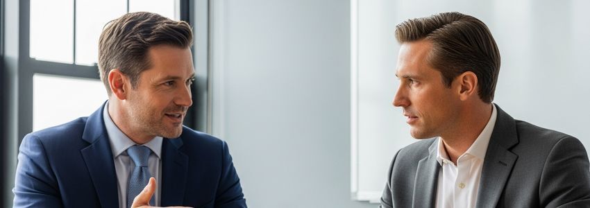 Two business professionals discussing product launch financing options in a modern office meeting room