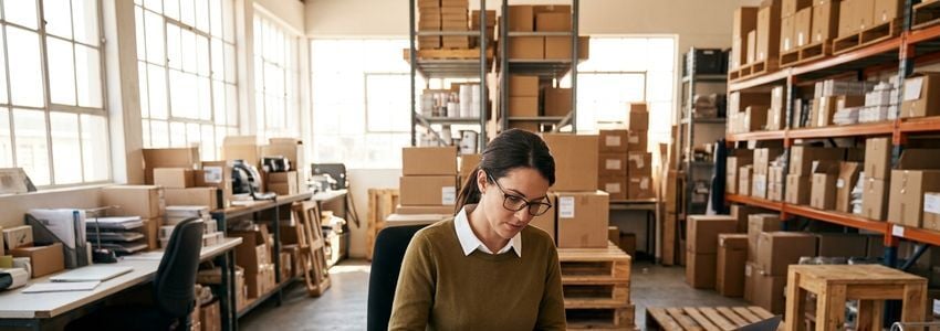Small business owner reviewing paperwork and inventory logs during a product recall response at a warehouse facility