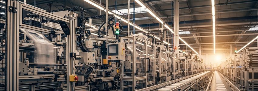 Modern industrial manufacturing production line with automated machinery and conveyor systems