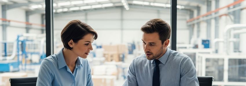 Business owner reviewing production loan documents with financial advisor at manufacturing facility