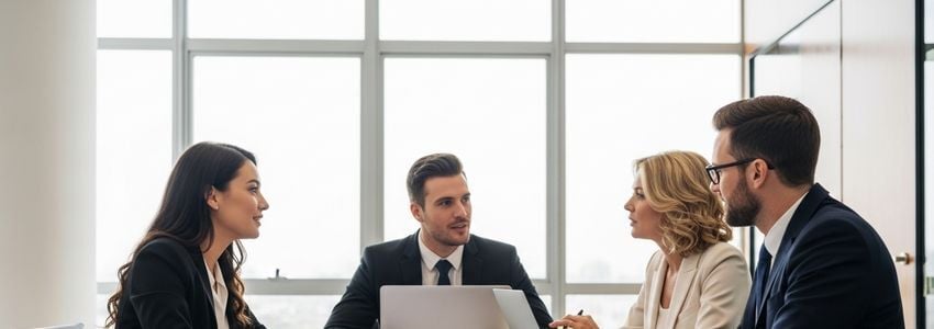 Professional service business owner reviewing financing options at a modern office desk with financial documents