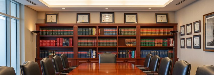Professional law firm conference room with mahogany bookcase and leather chairs for professional services businesses