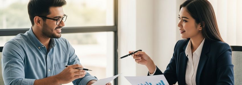 Business owner and financial advisor reviewing profit and loss statements and financial documents