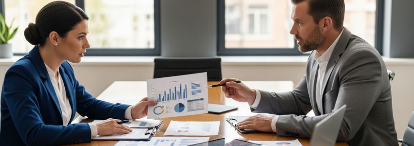 Business owner and financial advisor reviewing profit margin strategies at a conference table