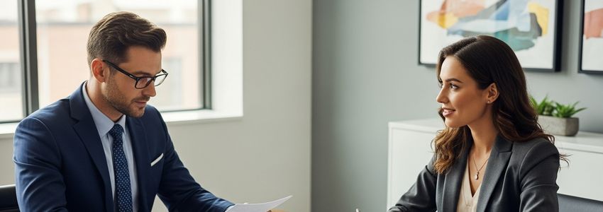 Property flipper business owner reviewing loan documents with a business financing advisor in a modern office