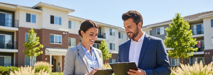 Property management professionals reviewing loan options and financial documents with a business lender