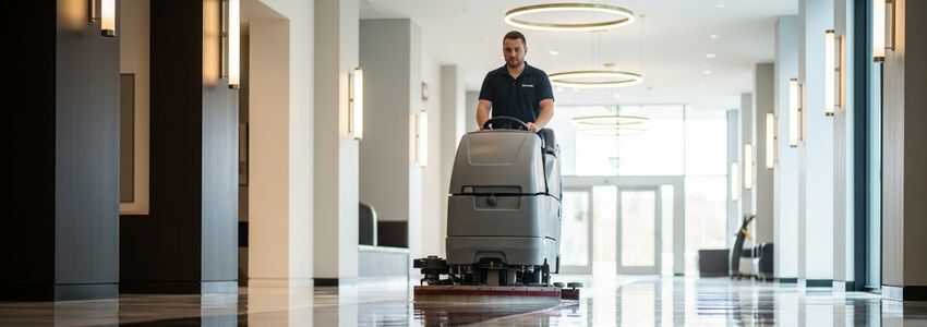 Property management maintenance technician using commercial floor scrubber in apartment building
