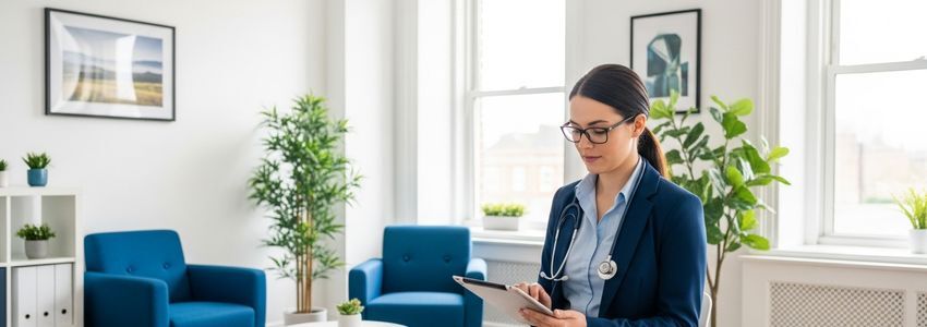 Psychiatrist reviewing practice financing documents at a modern office desk