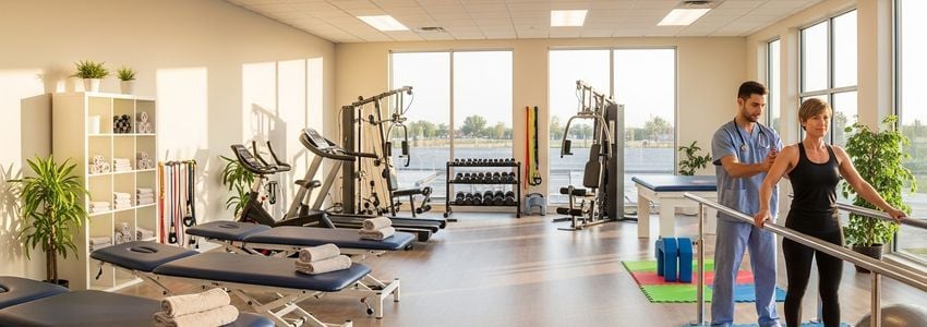 Physical therapy rehabilitation clinic with treatment tables, parallel bars and therapy equipment for physical therapy business loans