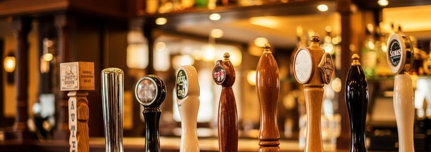 A polished commercial pub bar with multiple draft beer tap handles and warm amber lighting - pub equipment financing