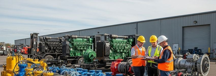 Pump rental company equipment yard with industrial pumps staged for delivery