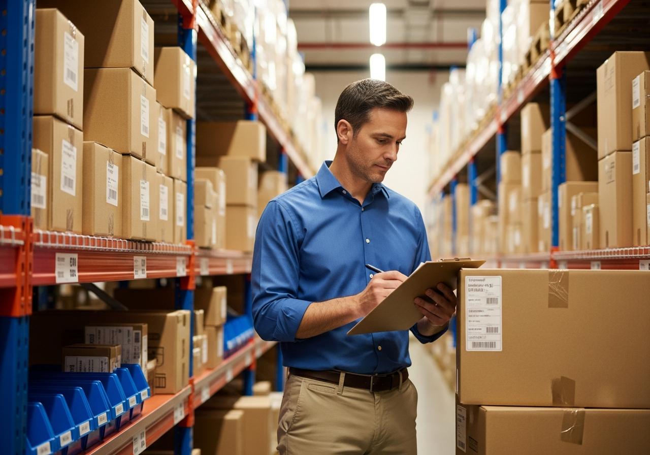 Warehouse manager reviewing purchase orders and inventory in a distribution center