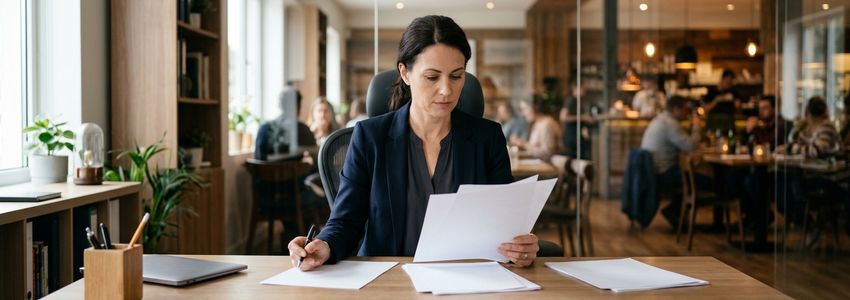 QSR restaurant owner reviewing business loan documents in office setting