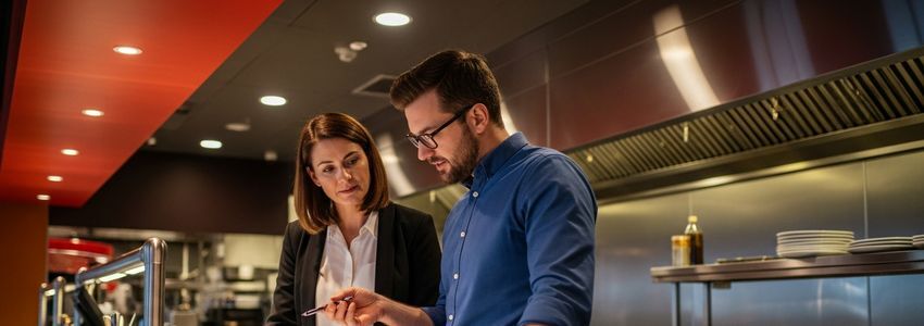 Restaurant manager reviewing commercial kitchen equipment financing options for fast-food QSR operations