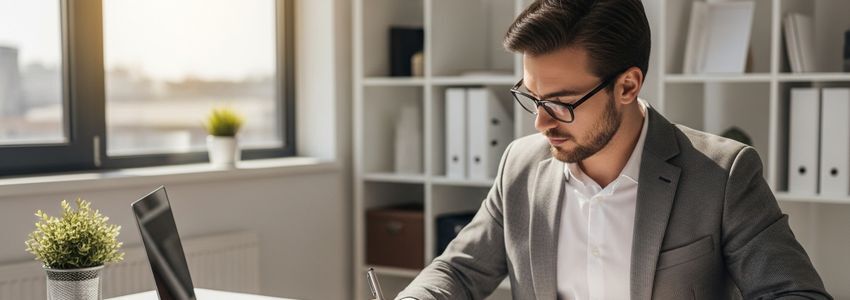 Small business owner reviewing loan application paperwork and financial documents at modern office desk