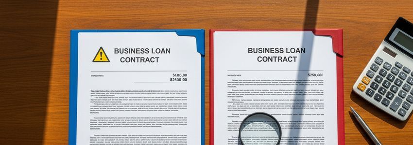 Business loan documents and financial comparison tools on a professional desk
