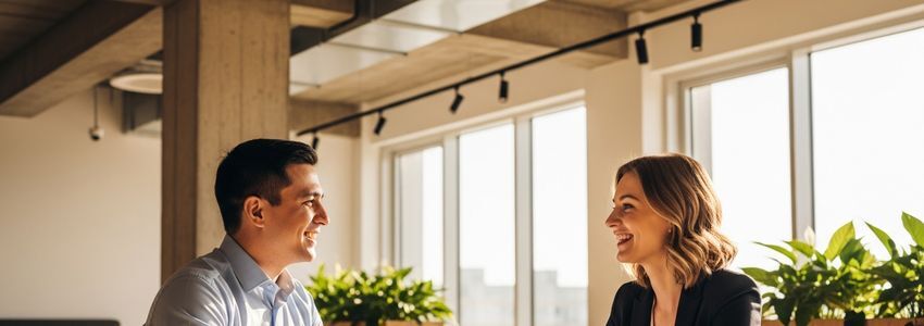 Business professionals discussing quick business loan options at a modern office